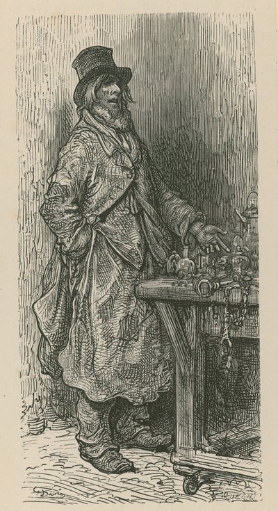 Een man staat zijn waren te verkopen van een marktkraam door Gustave Dore